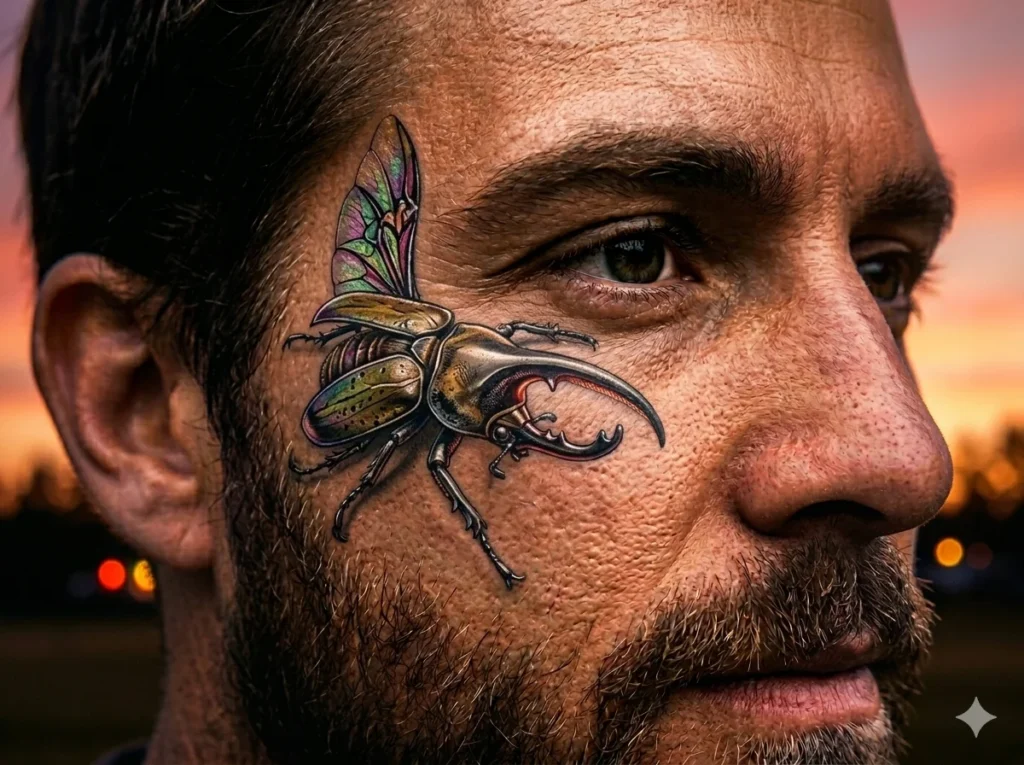 Hercules beetle tattoo with open wings placed above the eyebrow near the eye on warm brown skin tone male showing detailed insect wings