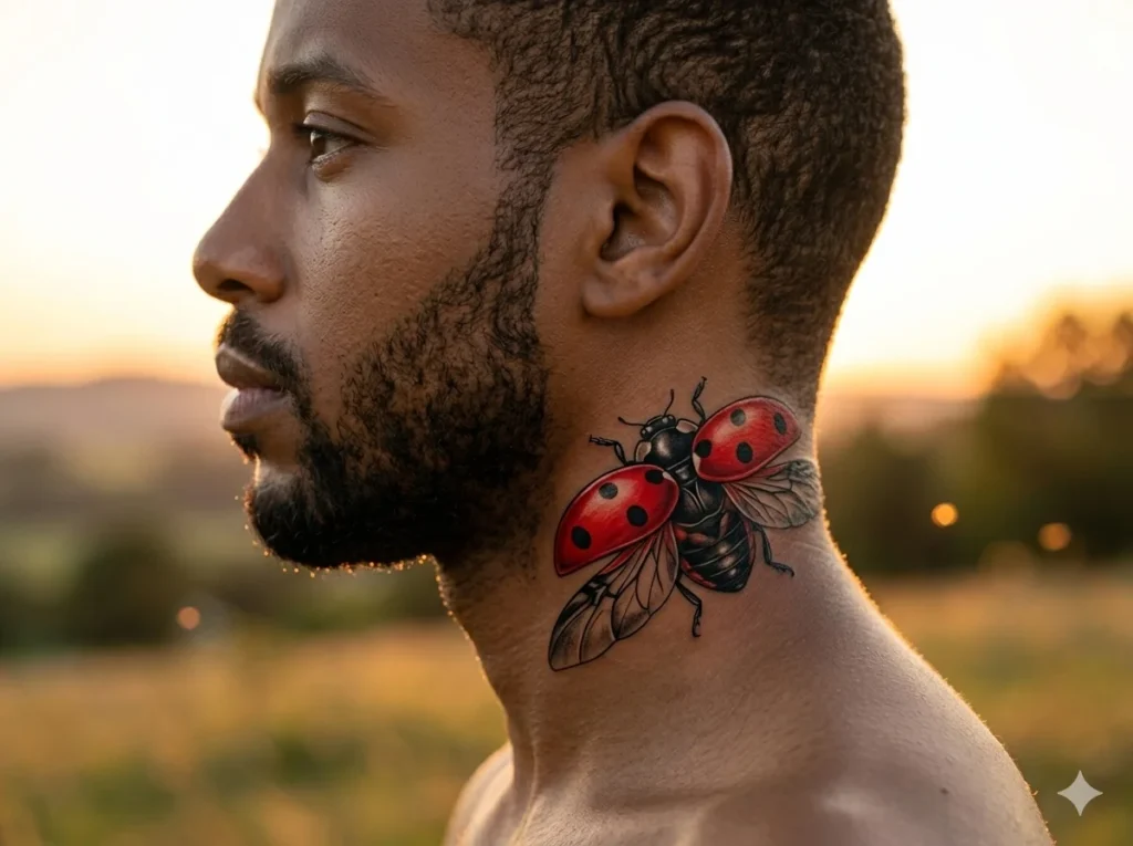 flying ladybug tattoo with open wings placed below the ear on the upper neck of a male with dark brown skin tone and detailed red wings