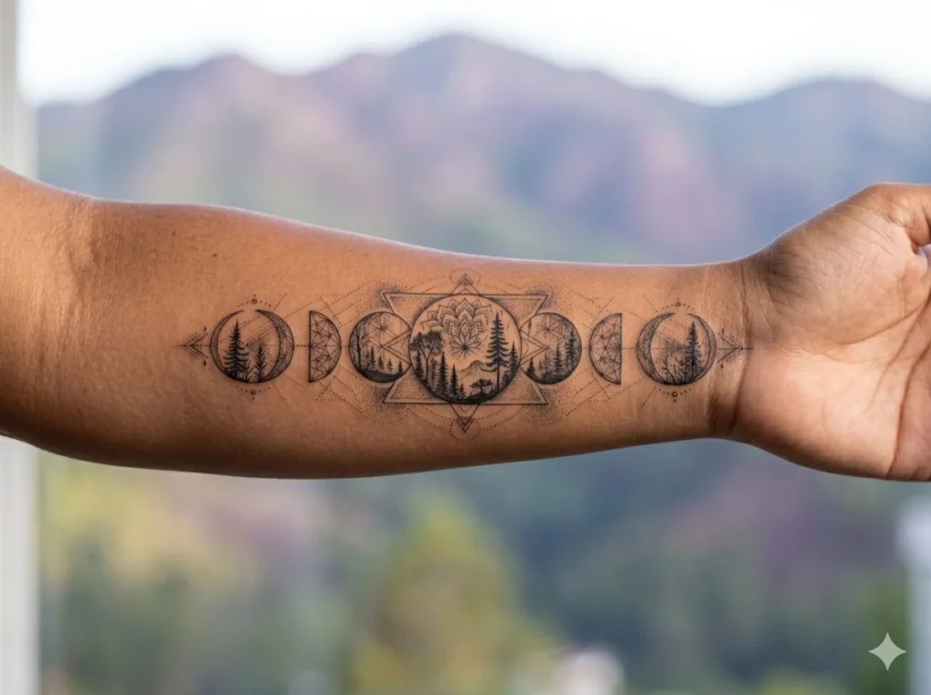 Horizontal moon phases tattoo with forest silhouette inside moon shapes on male outer forearm