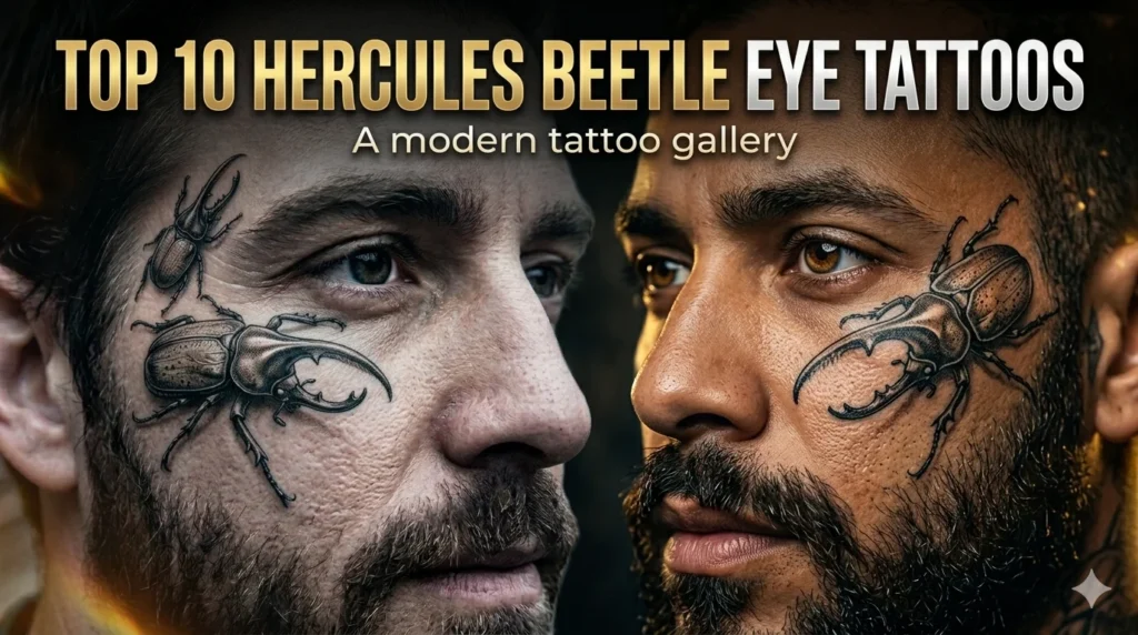 collage showing different Hercules beetle tattoos placed near the eye and temple of men featuring realistic and creative insect tattoo designs