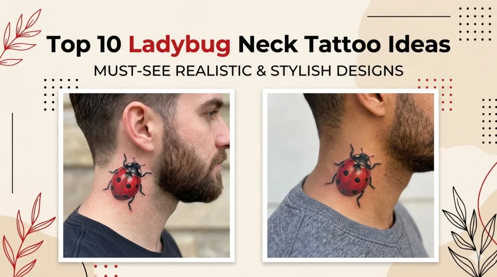 collage featuring different ladybug tattoo designs placed on the neck of men including realistic, minimalist, geometric and flying ladybug tattoos in vibrant red and black ink styles