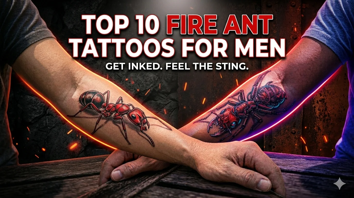 collage of realistic fire ant tattoos on men's forearms showing different tattoo styles including realistic, geometric and tribal fire ant tattoo designs