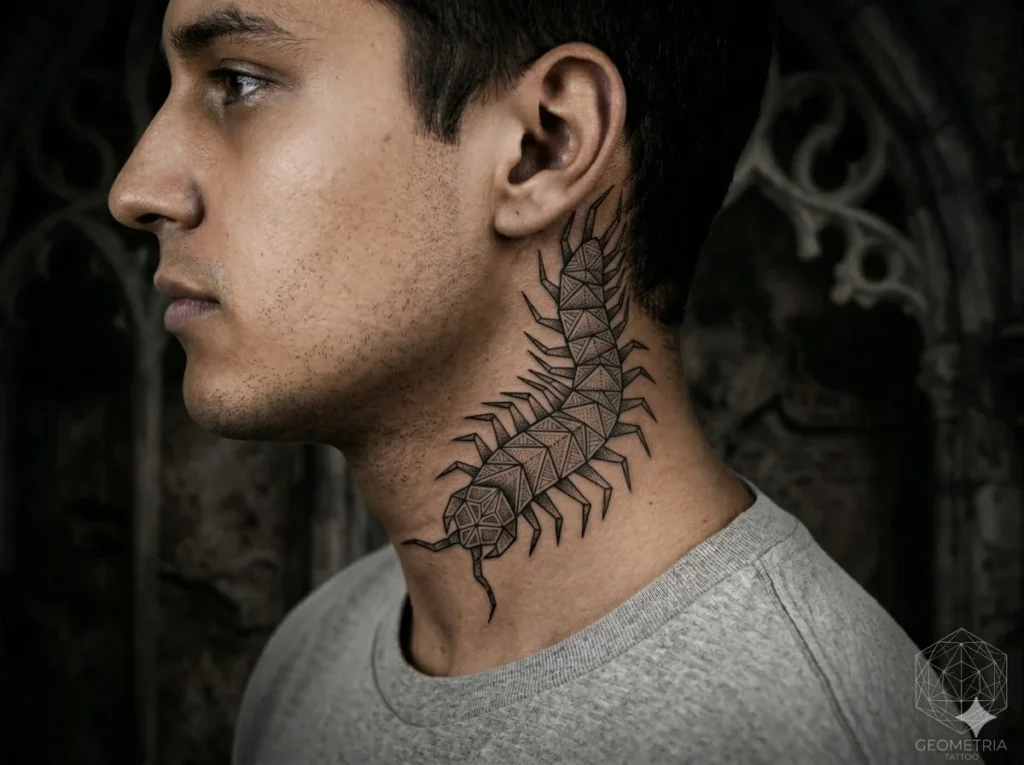 geometric centipede tattoo design on male neck