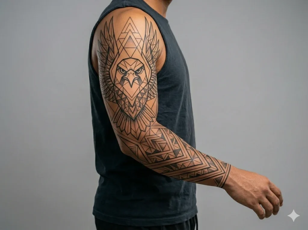 geometric falcon sleeve tattoo on male arm