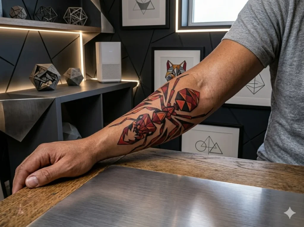 modern geometric fire ant tattoo made with triangle and polygon shapes on the forearm of a man with olive skin tone showing symmetrical tattoo design