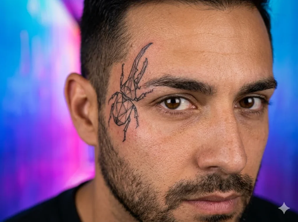 modern geometric Hercules beetle tattoo created with triangle and polygon shapes placed above the eyebrow near the eye on olive skin tone male