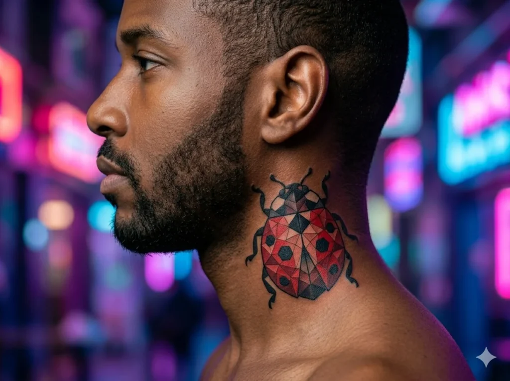 modern geometric ladybug tattoo composed of triangle and polygon shapes placed on the side neck below the ear on olive skin tone male Ladybug Tattoos for Men