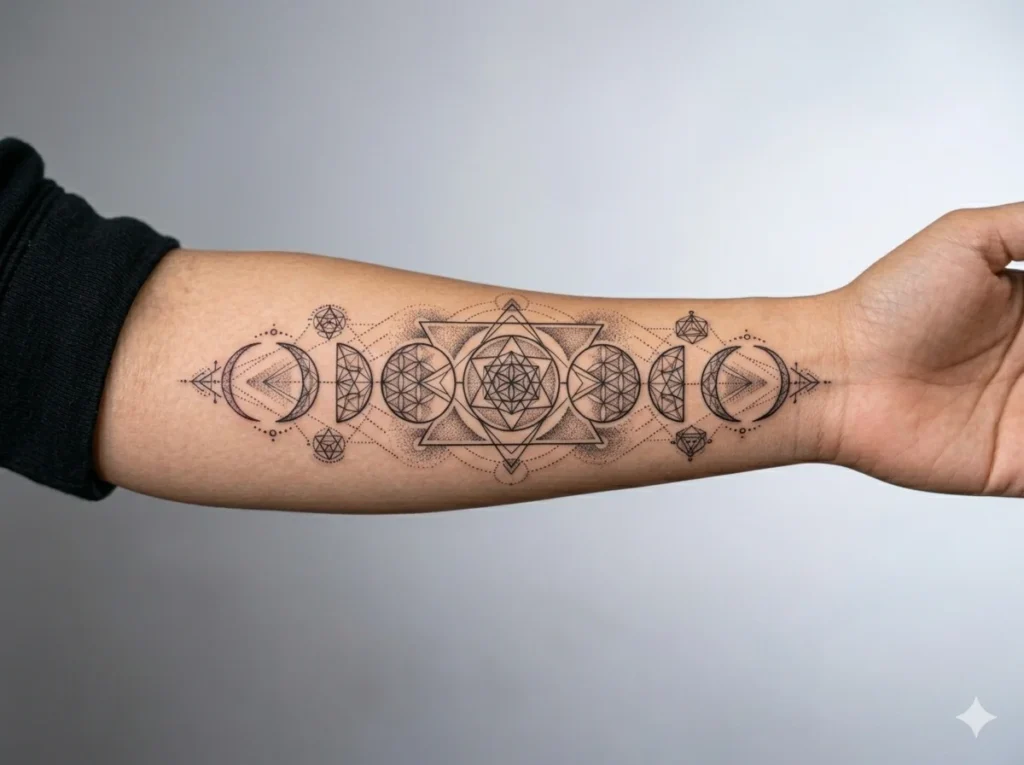 Geometric moon phases tattoo with triangle and line elements placed horizontally on outer forearm