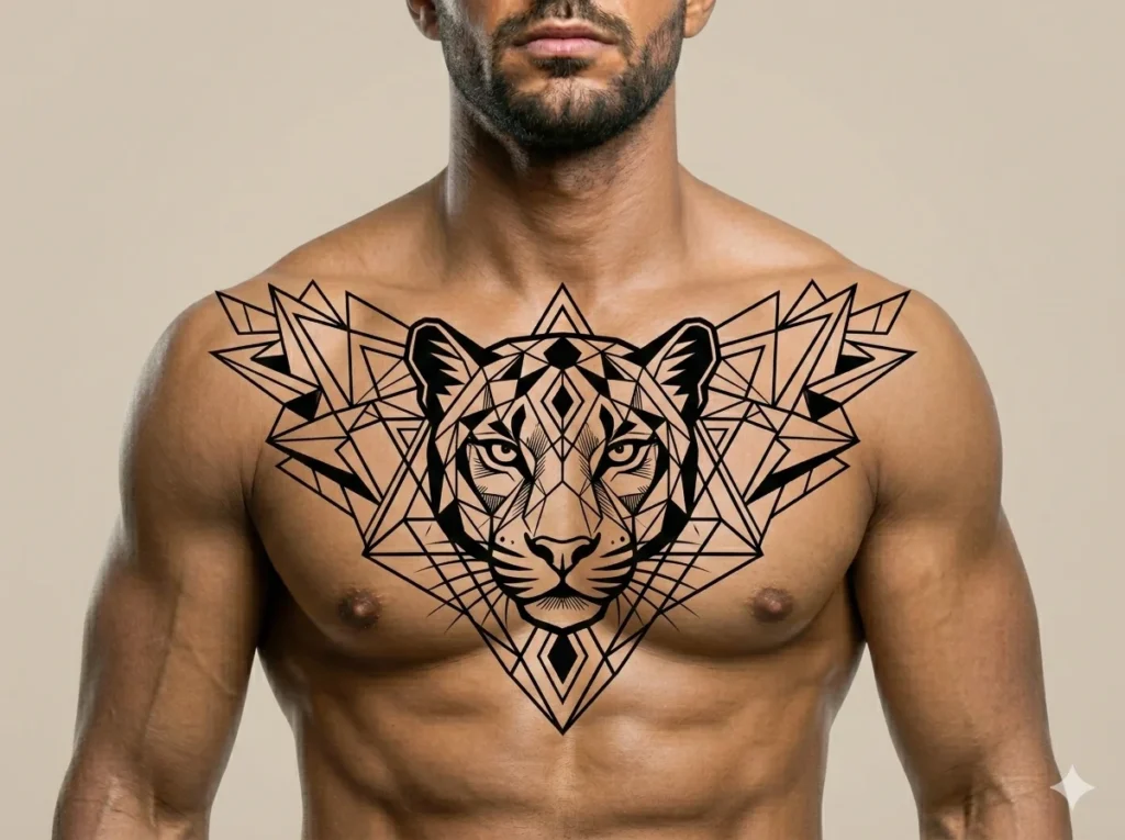 geometric black panther tattoo on upper chest