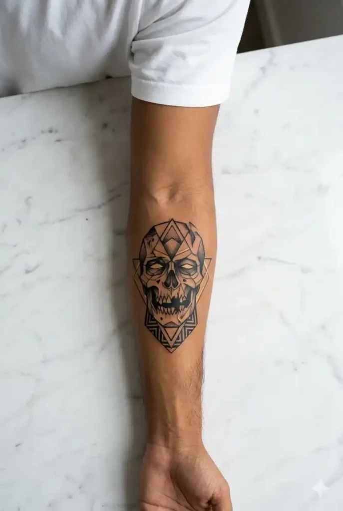 Geometric zombie face tattoos for men on smooth caramel brown arm with black gold colors by tattooshouse.com