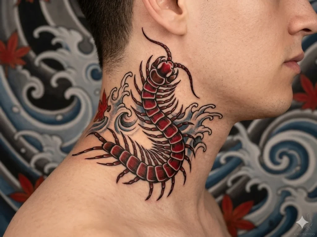 Japanese style centipede tattoo on male neck
