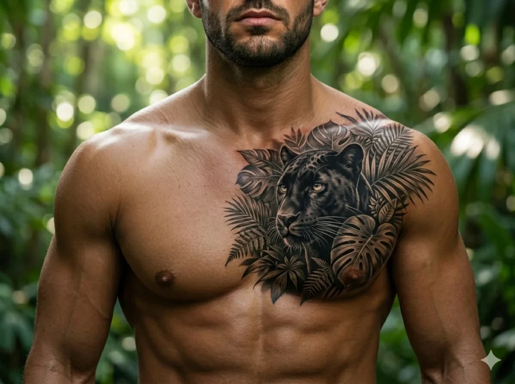 black panther tattoo with jungle leaves on right chest