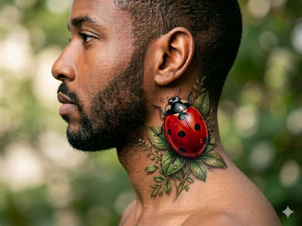 realistic red ladybug sitting on green leaves tattoo placed on the back of a man's neck with natural colors and medium brown skin tone
