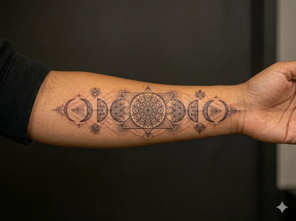 Horizontal moon phases tattoo with intricate mandala in center full moon position on male forearm