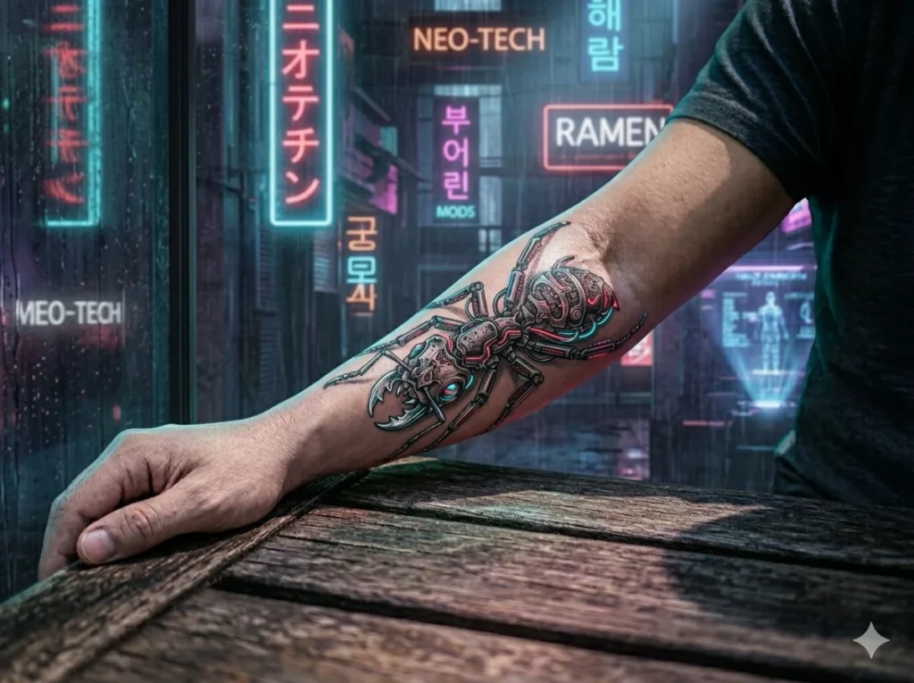 futuristic mechanical fire ant tattoo with robotic details and metallic tattoo elements on the forearm of a man with brown skin tone Fire Ant Tattoos for Men