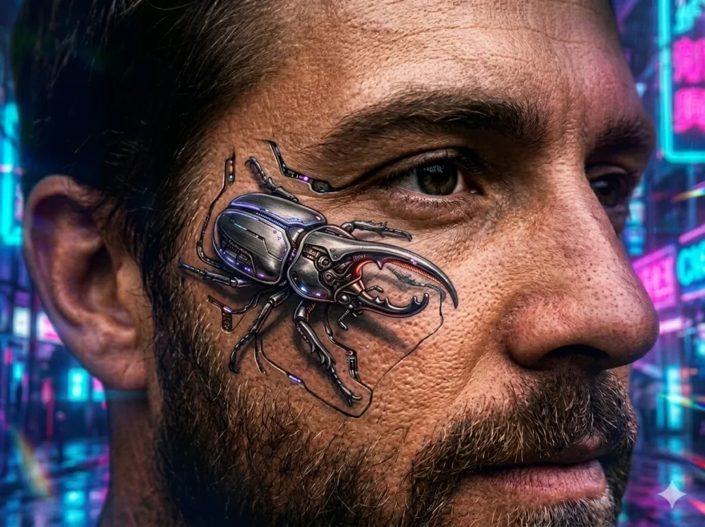 futuristic mechanical Hercules beetle tattoo with robotic details placed beside the temple near the eye on light tan skin tone male