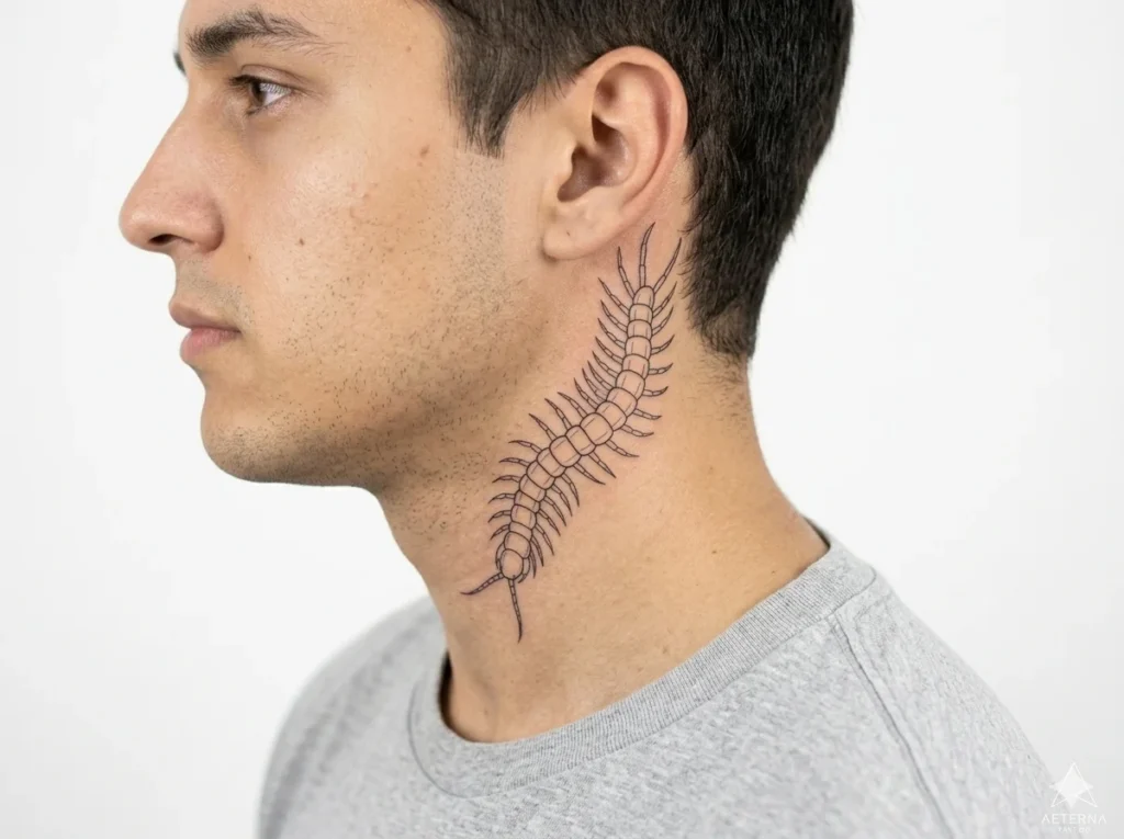 minimal line centipede tattoo on side neck
