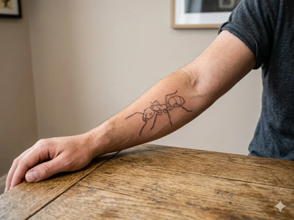 small minimalist fire ant tattoo created with fine black lines on the outer forearm of a man with medium brown skin tone in a clean modern tattoo style