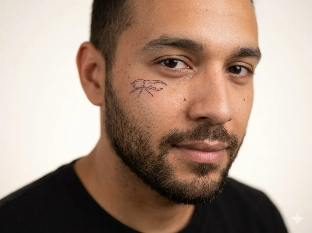 small minimalist Hercules beetle tattoo made with fine black lines placed below the eye on the cheekbone of a man with medium skin tone Hercules Beetle Tattoos for Men