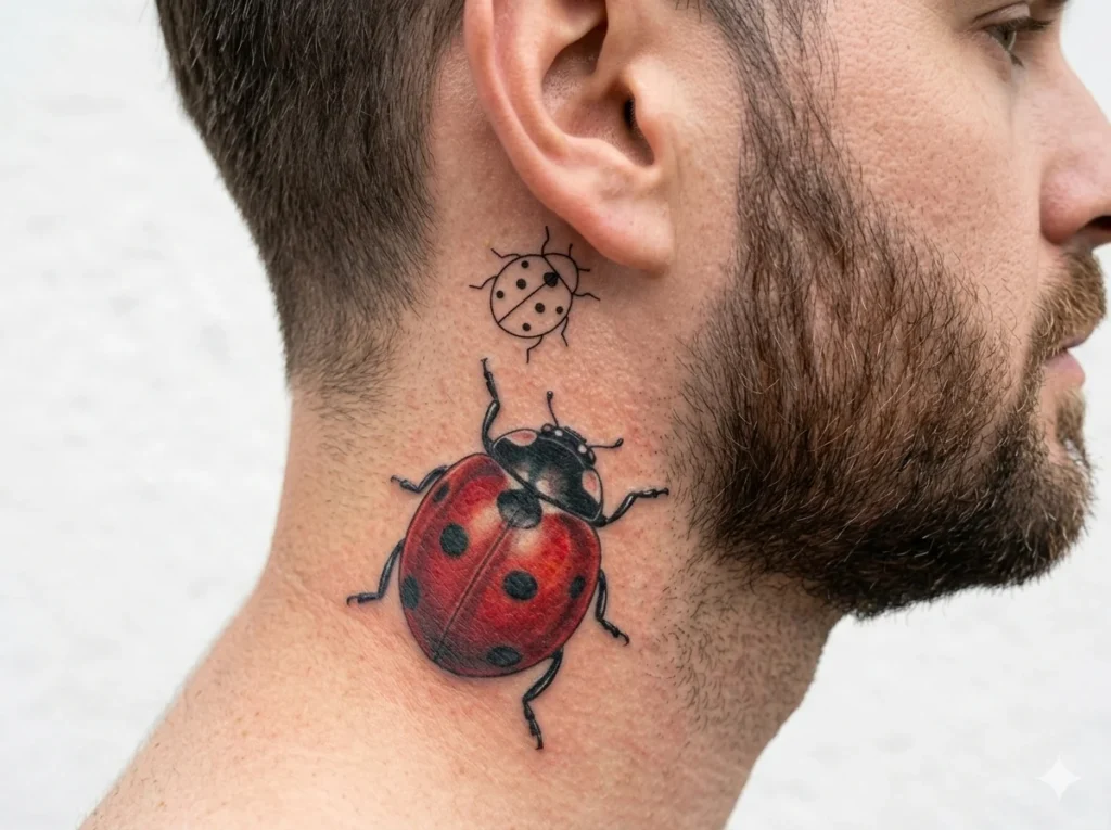 small minimalist ladybug tattoo in fine black line style placed behind the ear on the upper neck of a man with medium skin tone and clean tattoo design
