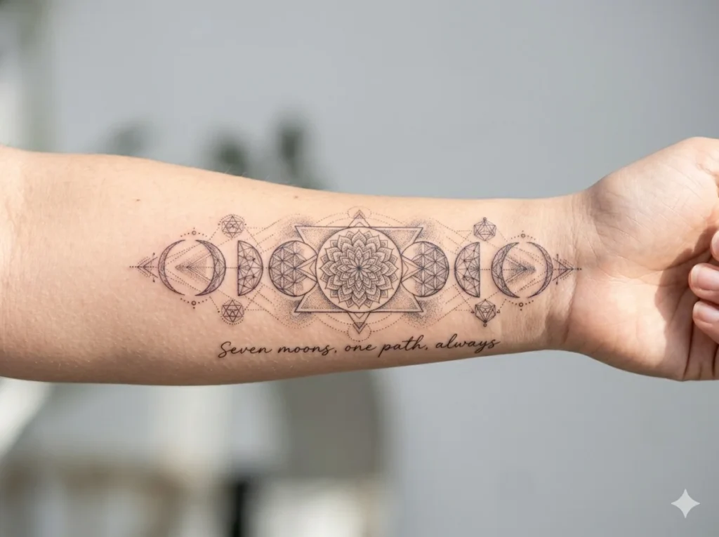 Horizontal moon phases tattoo with meaningful script quote below placed on outer forearm
