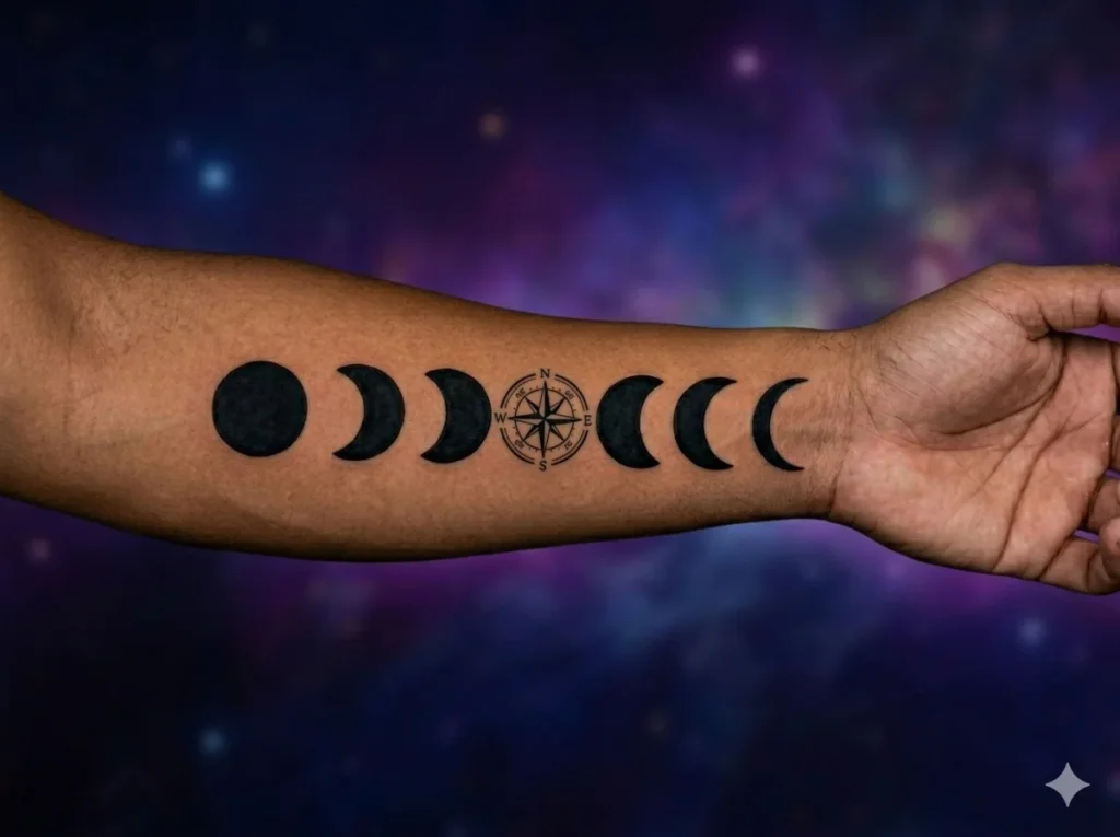 Horizontal moon phases tattoo with small compass integrated in center full moon on male forearm