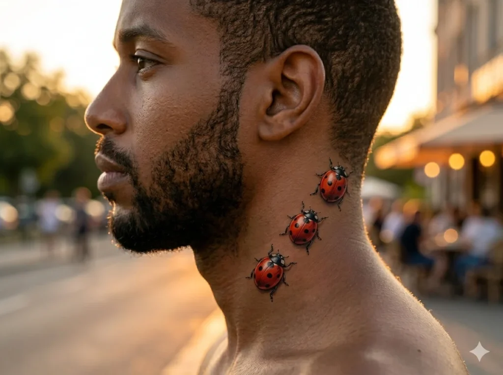 three small ladybug tattoos crawling along the back of a man's neck toward the hairline on olive skin tone male with realistic red and black colors