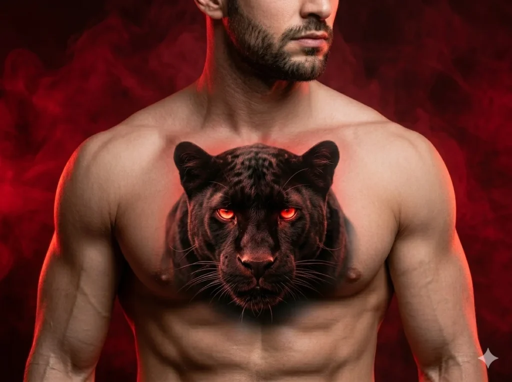 black panther chest tattoo with glowing red eyes