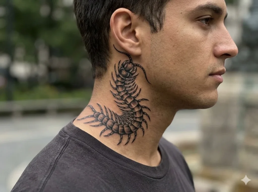 realistic crawling centipede tattoo on side neck for men
