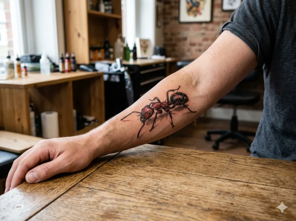 photorealistic fire ant tattoo with detailed red and black body crawling on the inner forearm of a man with light skin tone showing sharp insect legs and natural tattoo shading