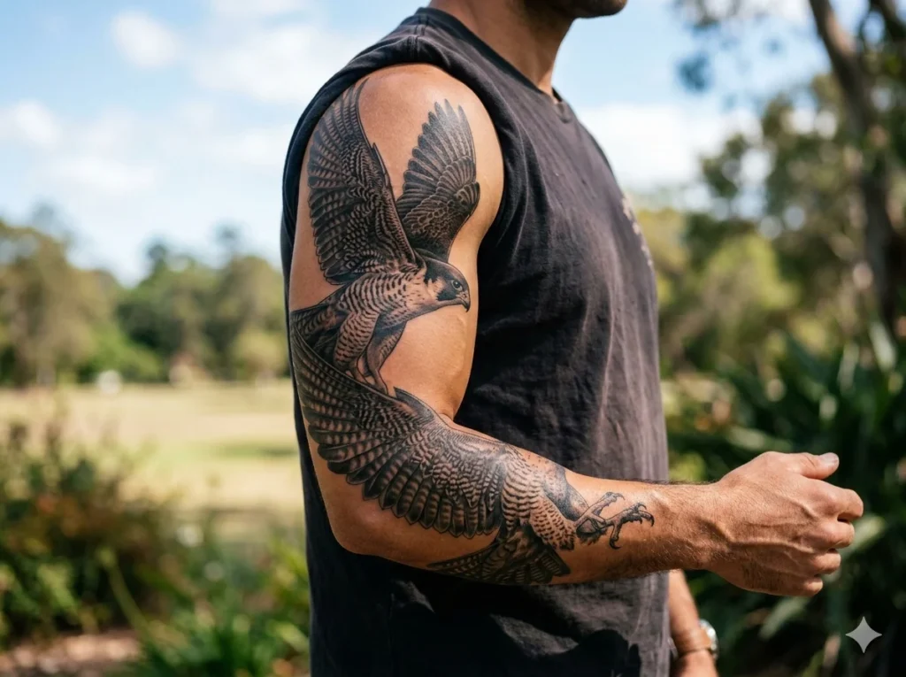 realistic falcon flying full sleeve tattoo on male arm