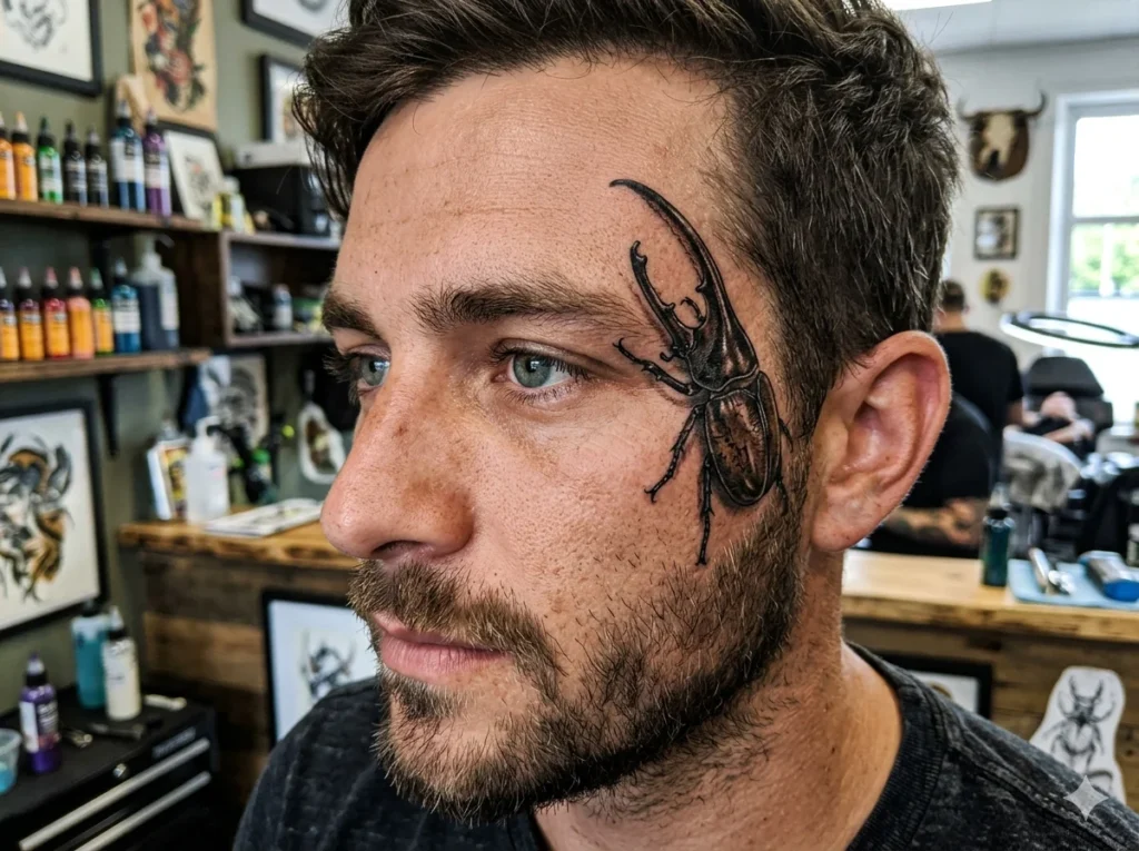 photorealistic Hercules beetle tattoo with detailed horn and insect body placed beside the outer corner of a man's eye near the temple on light skin tone male face