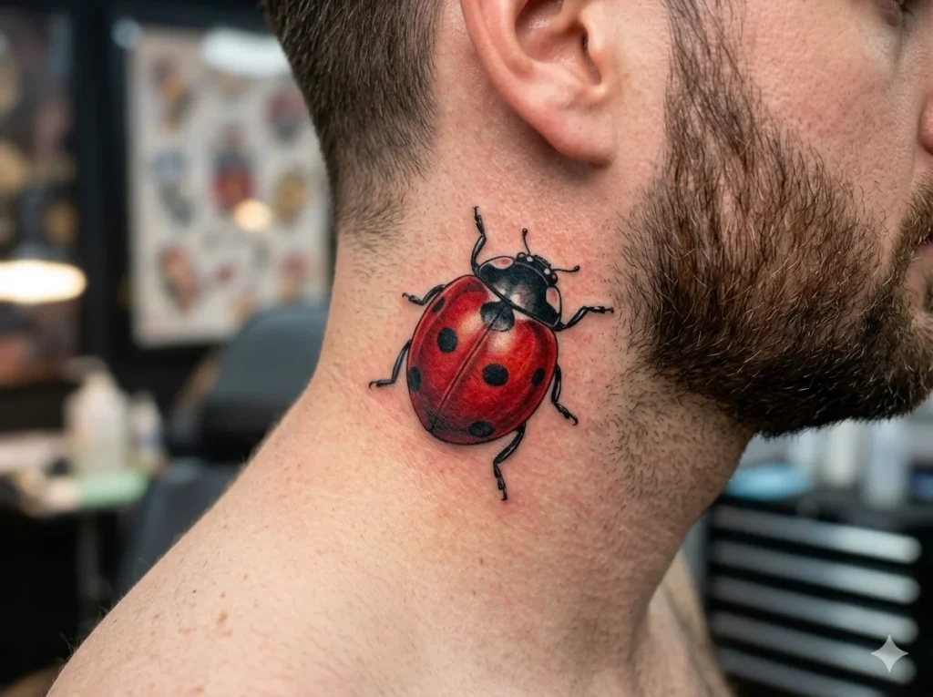 photorealistic red ladybug tattoo with black spots placed on the side of a man's neck near the jawline, detailed insect wings and natural tattoo shading on light skin tone male