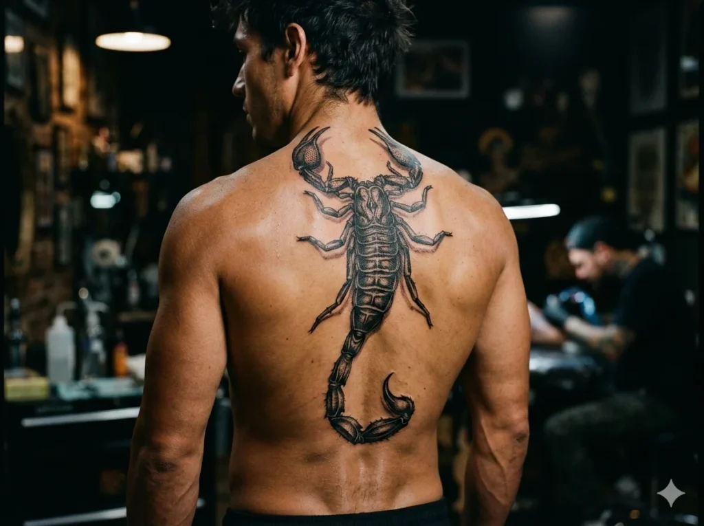 realistic scorpion tattoo running down male spine
