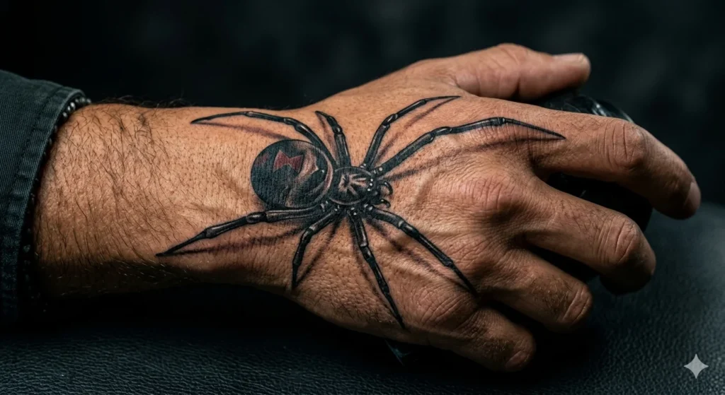Realistic spider tattoo on the top of a man's hand
