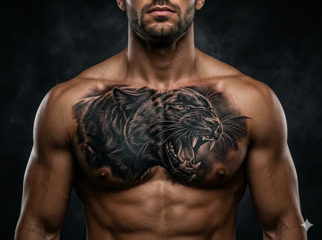 hyper realistic roaring black panther tattoo across upper male chest Panther Tattoos for Men