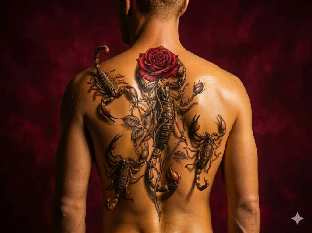 scorpion and rose tattoo along spine