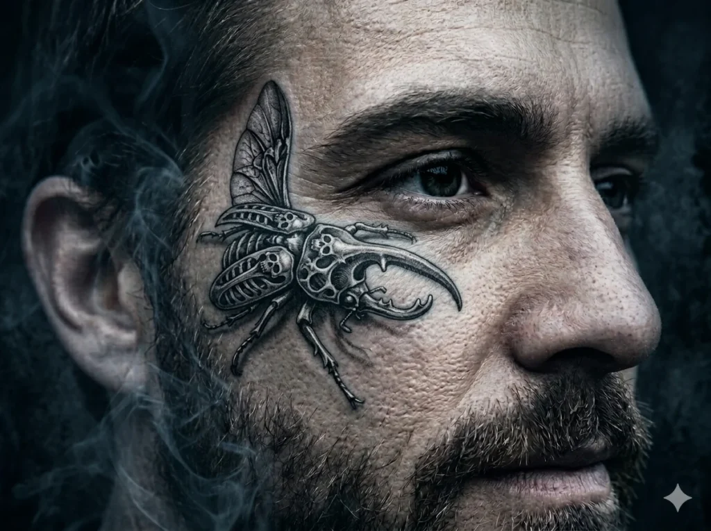 gothic skeleton style Hercules beetle tattoo placed near the temple on pale skin tone male with black and grey shading