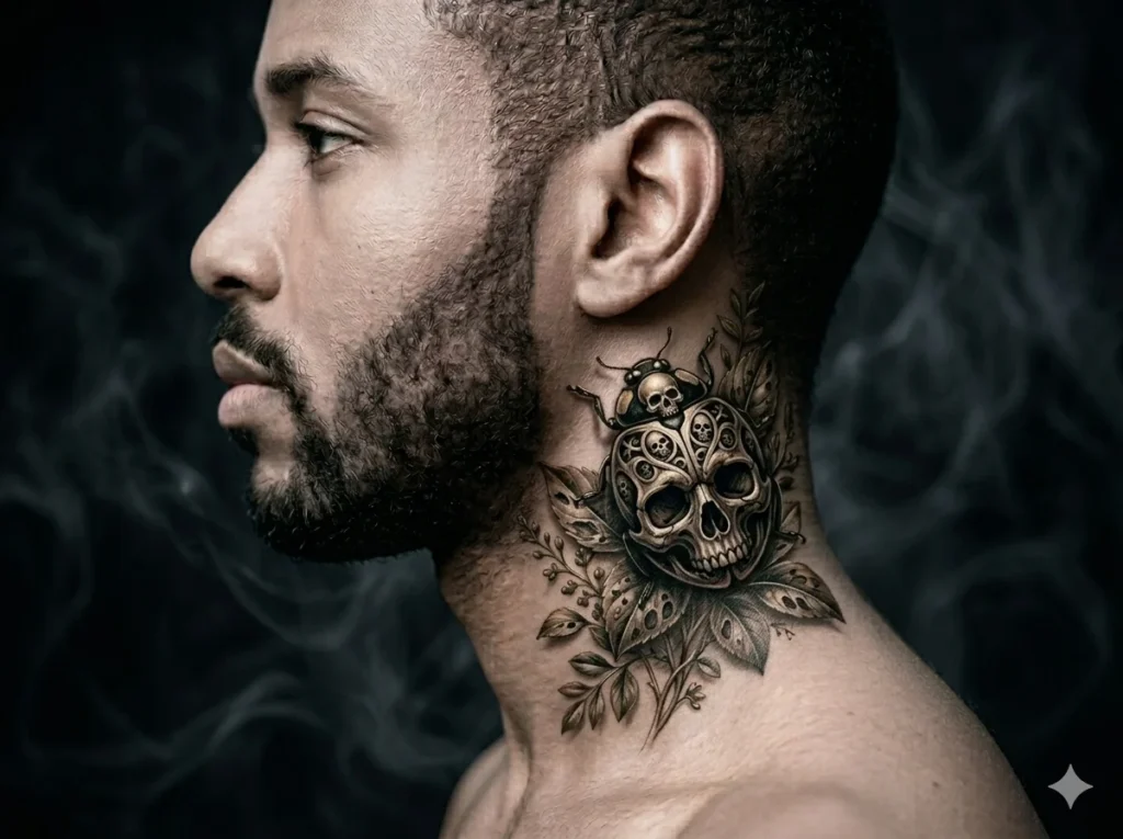 creative skull themed ladybug tattoo placed on the side neck of a man featuring gothic insect shell with skull patterns on pale skin tone
