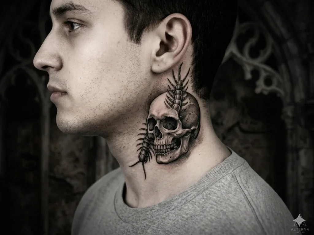 centipede crawling around skull neck tattoo design