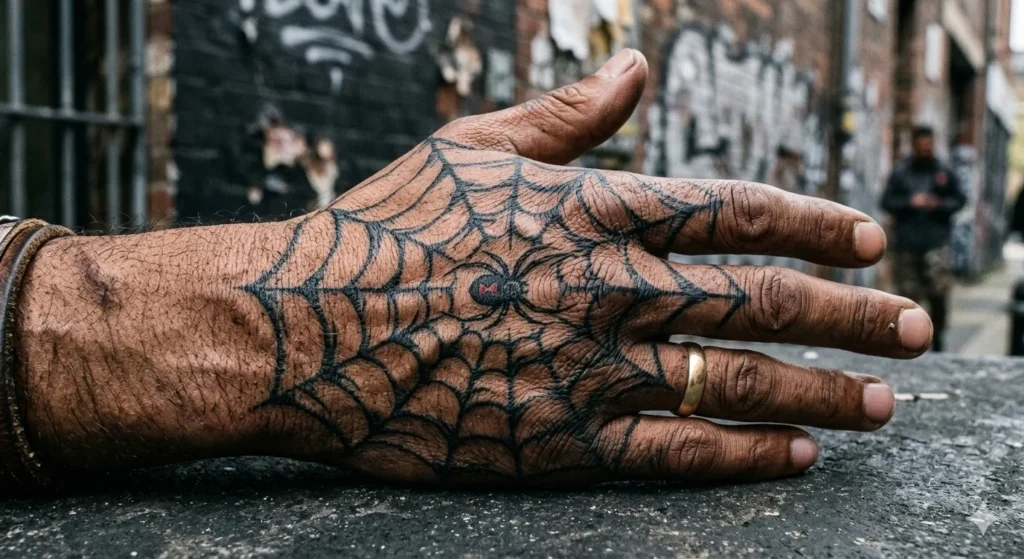 Spider web tattoo across knuckles Spider Tattoos for Men