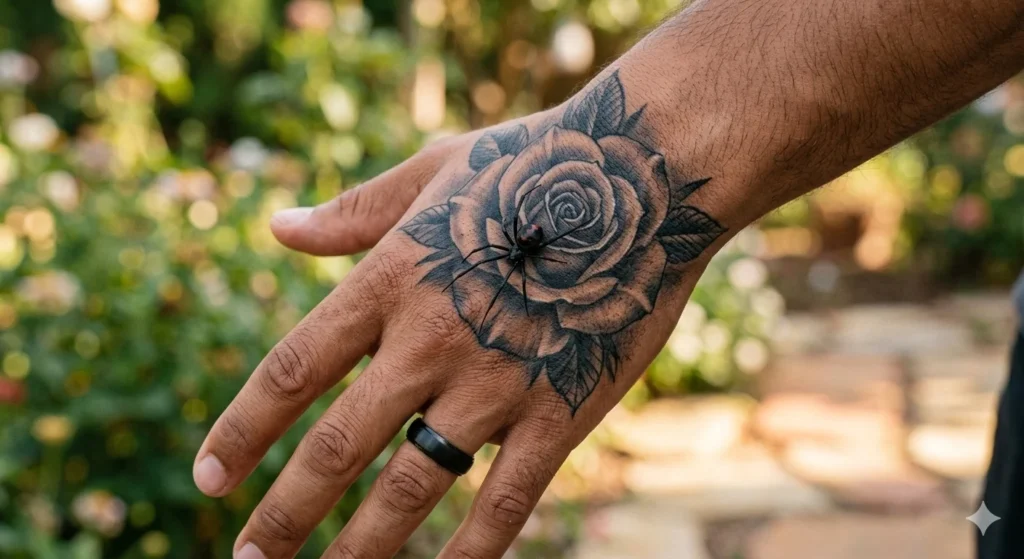 Spider and rose tattoo on hand