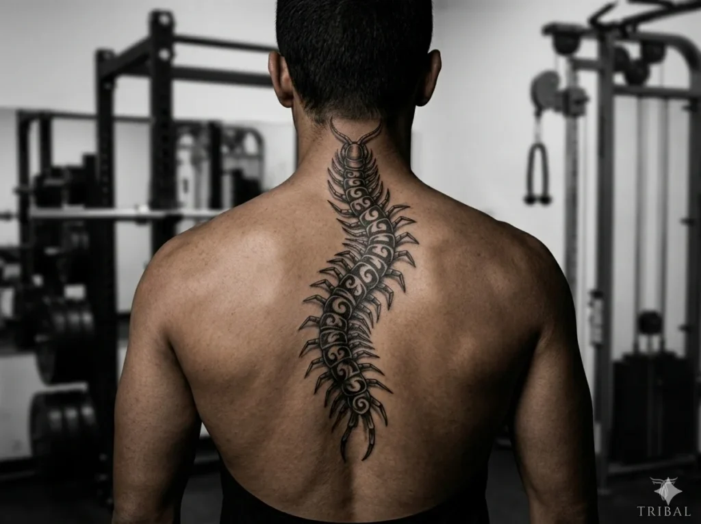 centipede tattoo running from spine to neck
