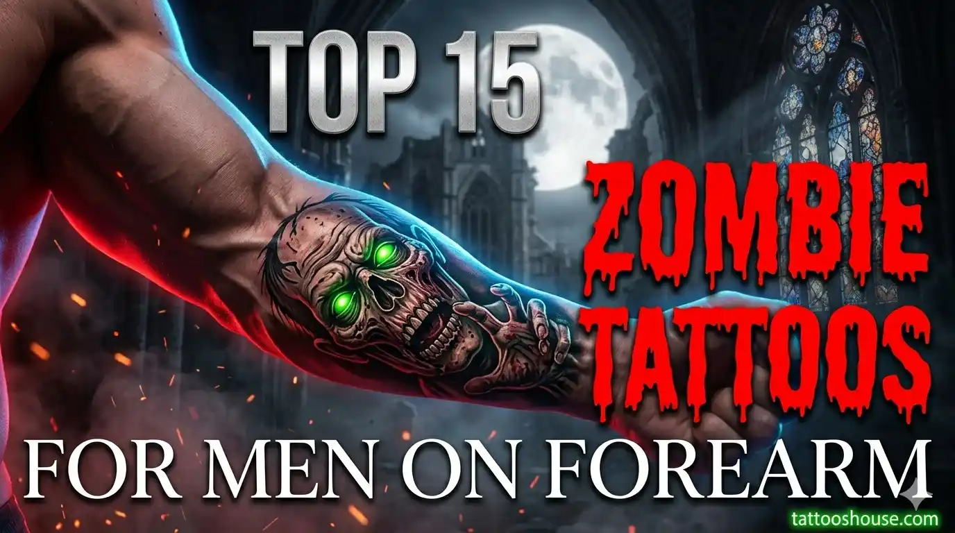 Top 15 zombie tattoos for men on forearm – stylish cinematic featured image with glowing neon effects and tattooshouse.com signature by tattooshouse.com