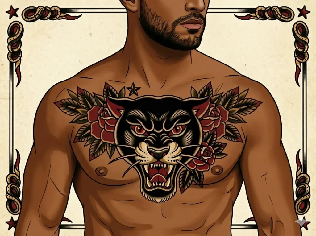 old school American style panther tattoo on chest