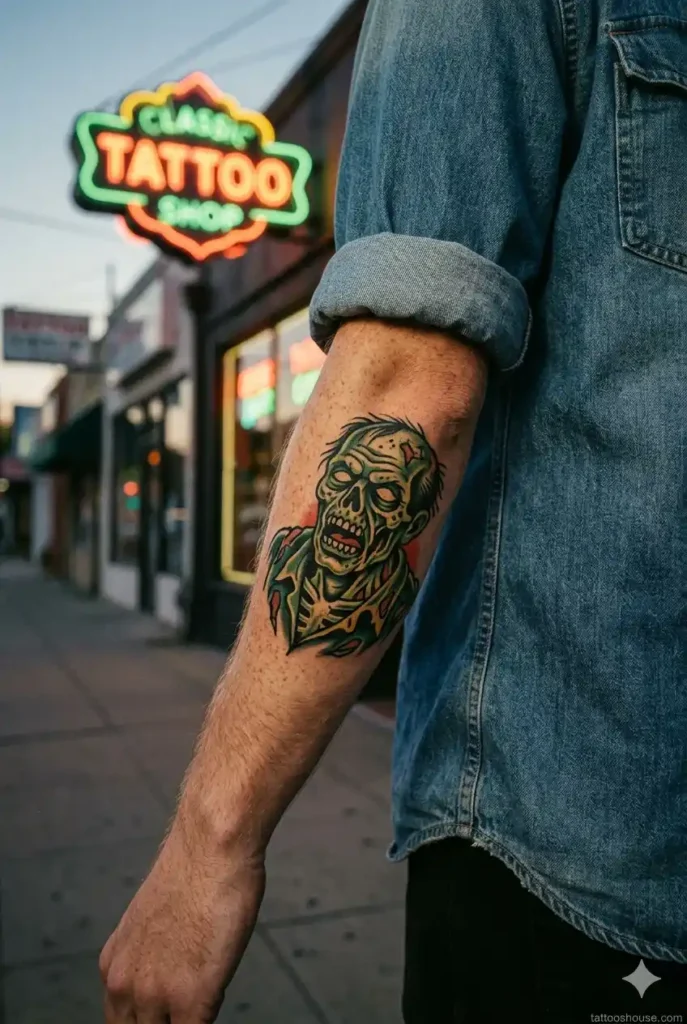 Traditional American zombie tattoos for men on freckled light brown arm with green yellow colors by tattooshouse.com