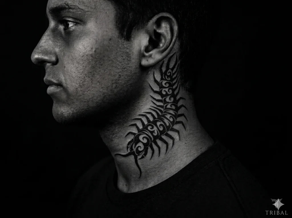 tribal centipede tattoo on back neck men
