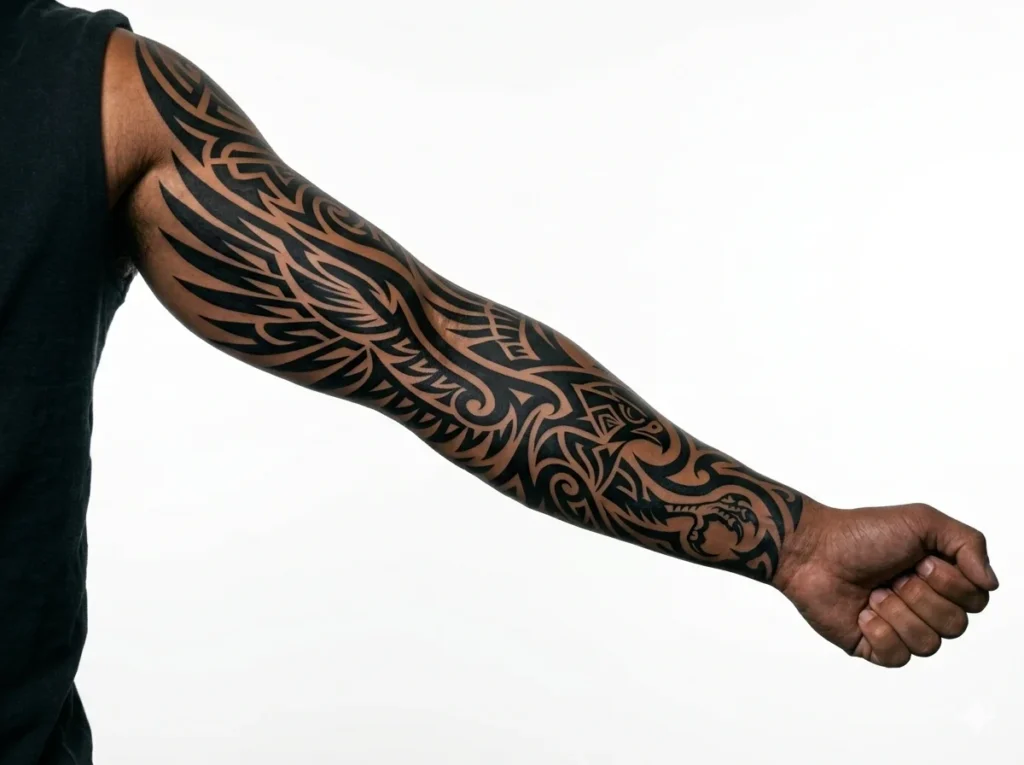 tribal black falcon full sleeve tattoo on male arm