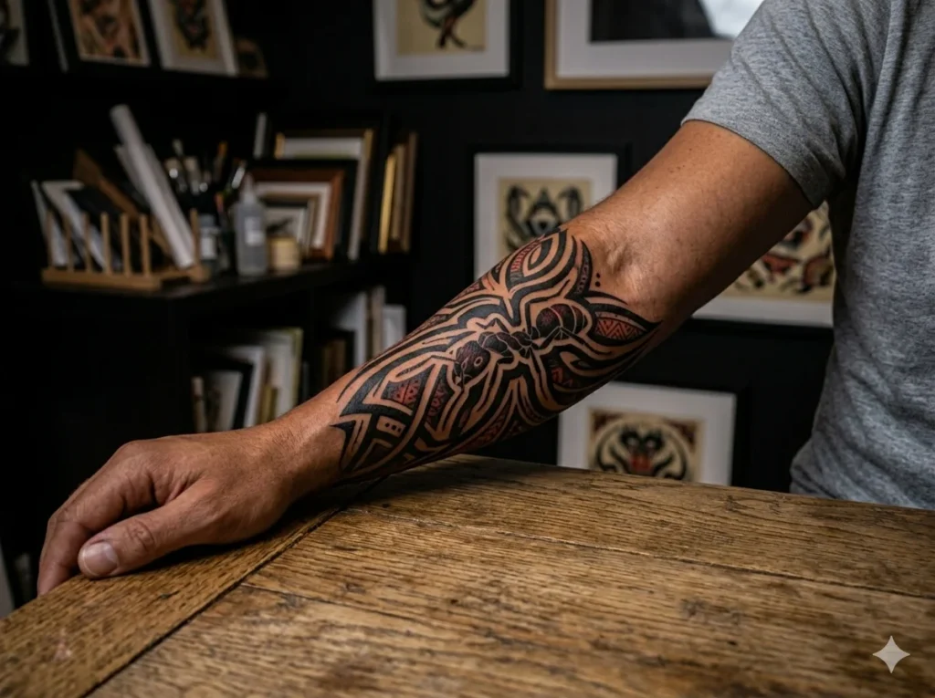 bold tribal fire ant tattoo with thick black ink patterns covering the upper forearm of a man with dark skin tone in a powerful tribal tattoo style