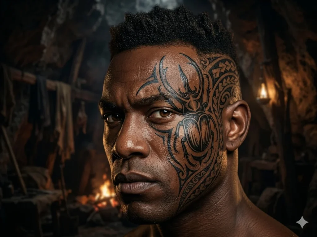 bold tribal Hercules beetle tattoo with thick black ink patterns placed near the temple of a man with dark skin tone forming a strong insect design